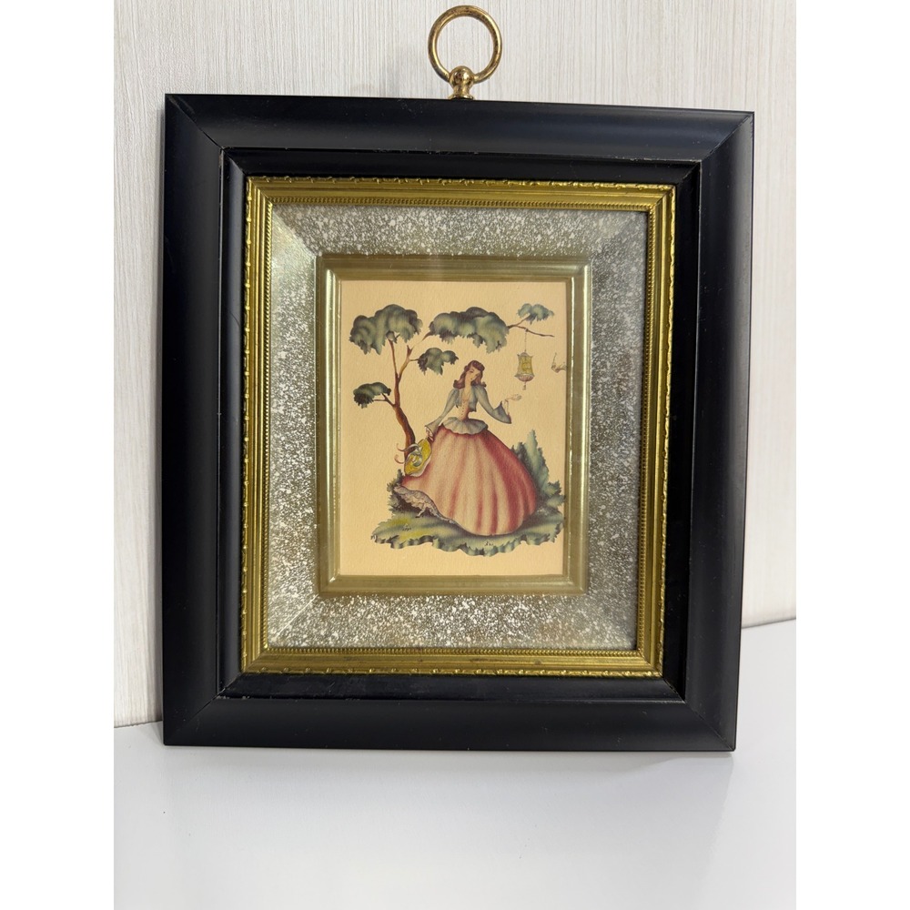 Vintage Framed Victorian Lady Art Print Black Gold Shadow Box Frame 9.5x8.5